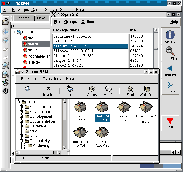 
gnorpm, kpackage und xrpm
 